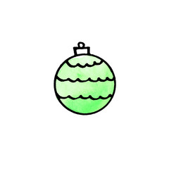 Christmas watercolor tree ball isolated on white background. New year and Christmas line art, doodle, sketch, hand drawn. Simple illustration for greeting cards, calendars, prints
