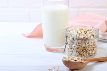 Raw oatmeal long cooking on the table.
