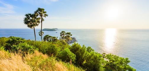 Phromthep cape viewpoint at sunset in Phuket, beautiful coast scenery on tropical island with paradise beaches, Thailand