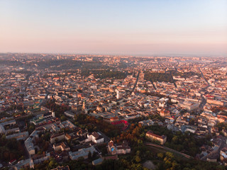 top view of lviv city on sunset