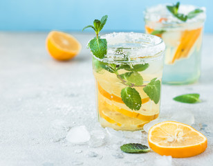 Infused water made from lemon in sparkling mineral water look so freshness and healthy.