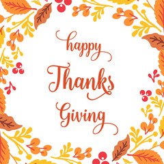 Obraz premium Template invitation card of thanksgiving, with design plant of autumn leaves frame. Vector