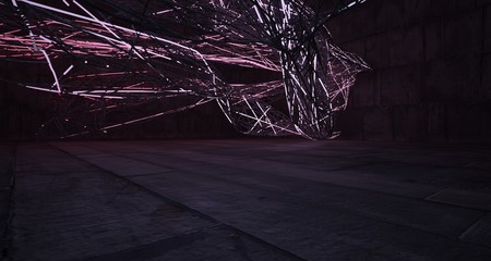 Abstract architectural concrete smooth wire interior of a minimalist house with color gradient neon lighting. 3D illustration and rendering.