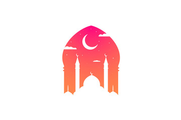 Mosque silhouette at dawn or sunrise sky with moon and abstract light for Islam. Holy festival eid traditional design. Ramadan kareem greeting card with mosques. Vector arabic illusrtation