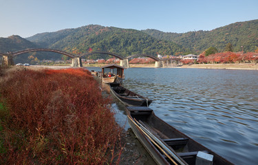 Traditional Japanese boats (wasen) on the Nishiki river in Iwakuni city. Japan
