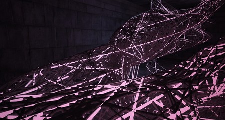 Abstract architectural concrete smooth wire interior of a minimalist house with color gradient neon lighting. 3D illustration and rendering.