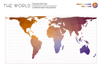 Low poly design of the world. Cylindrical equal-area projection of the world. Purple Orange colored polygons. Elegant vector illustration.