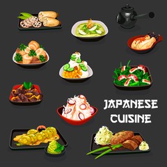 Japanese vegetable dishes with meat and seafood