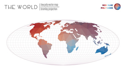 Polygonal map of the world. Bromley projection of the world. Red Blue colored polygons. Trending vector illustration.