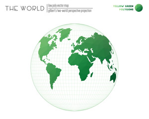 Low poly design of the world. Gilbert's two-world perspective projection of the world. Yellow-Green colored polygons. Creative vector illustration.