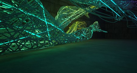 Abstract architectural concrete smooth wire interior of a minimalist house with color gradient neon lighting. 3D illustration and rendering.