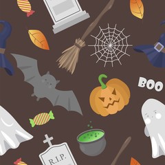 Halloween seamless pattern with dark background. Pumpkin, ghost, broom, cauldron, bat, gravestone and web. Vector illustration.
