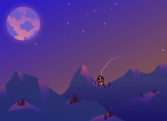 Panoramic view of the hilly landscape on a dark night. Starry sky and a spooky house. 