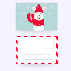 Winter post card. Llama in a hat. Vector.