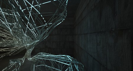 Abstract architectural concrete smooth wire interior of a minimalist house with color gradient neon lighting. 3D illustration and rendering.