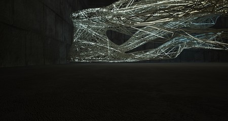 Abstract architectural concrete smooth wire interior of a minimalist house with color gradient neon lighting. 3D illustration and rendering.