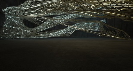 Abstract architectural concrete smooth wire interior of a minimalist house with color gradient neon lighting. 3D illustration and rendering.