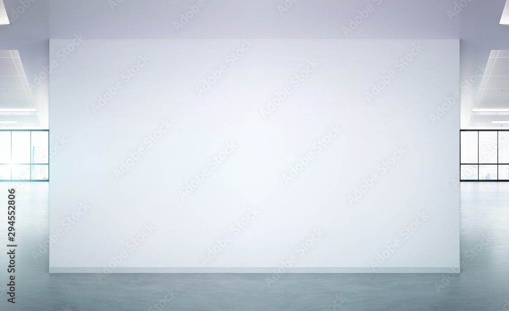 Poster Blank wall in bright office mockup with large windows and sun passing through 3D rendering
