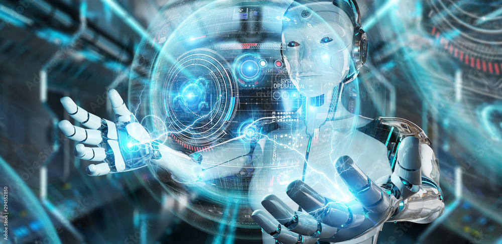 Fototapete white humanoid robot using digital technological interface with datas 3d rendering