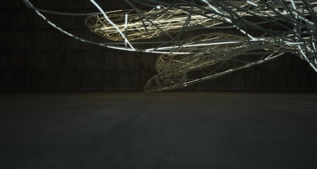 Abstract architectural concrete smooth wire interior of a minimalist house with color gradient neon lighting. 3D illustration and rendering.