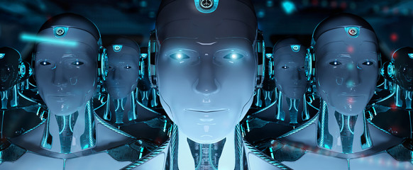 Group of male robots following leader cyborg army 3d rendering