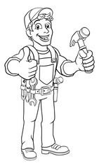 A handyman carpenter or builder cartoon man holding a hammer. Construction maintenance worker or DIY character mascot. Giving a thumbs up.