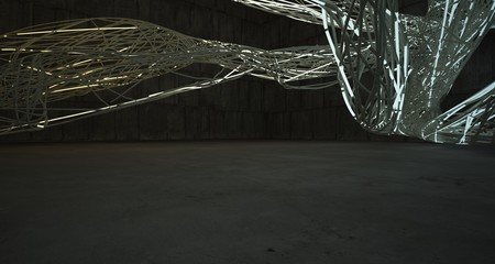 Abstract architectural concrete smooth wire interior of a minimalist house with color gradient neon lighting. 3D illustration and rendering.