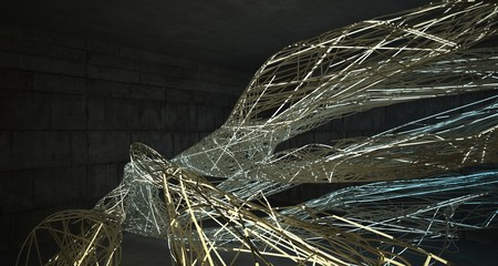 Abstract architectural concrete smooth wire interior of a minimalist house with color gradient neon lighting. 3D illustration and rendering.