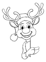 Christmas reindeer in a Santa hat cartoon character peeking around a sign and pointing at it