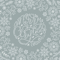 Merry Christmas calligraphic lettering hand written vector text. Greeting card design with floral plants xmas elements. Modern winter season postcard, brochure, wall art design