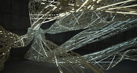 Abstract architectural concrete smooth wire interior of a minimalist house with color gradient neon lighting. 3D illustration and rendering.