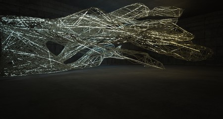 Abstract architectural concrete smooth wire interior of a minimalist house with color gradient neon lighting. 3D illustration and rendering.