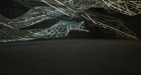 Abstract architectural concrete smooth wire interior of a minimalist house with color gradient neon lighting. 3D illustration and rendering.