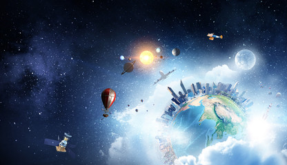 Obraz na płótnie Canvas Earth planet with city skyline on sky and space background