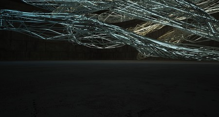 Abstract architectural concrete smooth wire interior of a minimalist house with color gradient neon lighting. 3D illustration and rendering.
