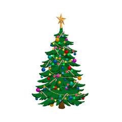 Isolated image of christmas tree. Holiday fir in cartoon style. Isometric view of pine with star. Symbol of New Year