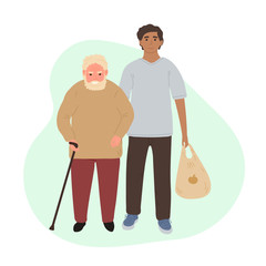 Volunteer helping older grey haired man carry products. Social workers taking care about seniors people. Caring for the elderly. Vector illustration