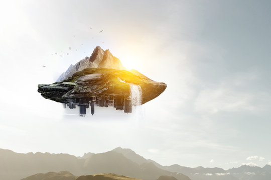 Mountain peak and flying balloons on a blue light background