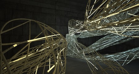 Abstract architectural concrete smooth wire interior of a minimalist house with color gradient neon lighting. 3D illustration and rendering.