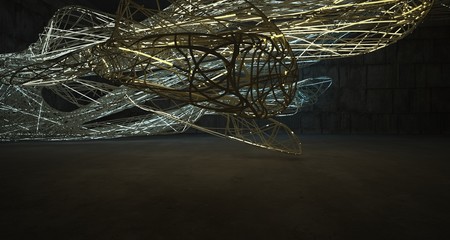 Abstract architectural concrete smooth wire interior of a minimalist house with color gradient neon lighting. 3D illustration and rendering.