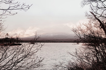 Onuma Koen Quasi -National park lake in peaceful cold winter with mountain view. Hakodate, Hokkaido - Japan