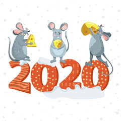 Merry Christmas and Happy New Year lettering with rats for greeting card, poster, sticker etc. Cute mouses with large pieces of cheese. Rat is Chinese symbol 2020 year. Vector illustration.