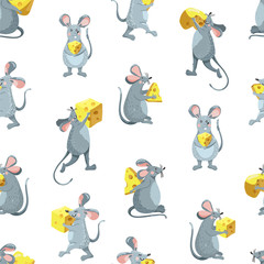 Merry Christmas and Happy New Year background. Seamless pattern with rats and cheese. Texture for textile, postcard, wrapping paper, packaging etc. Vector illustration on white background.