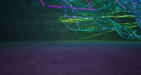 Abstract architectural concrete smooth interior of a minimalist house with color gradient neon lighting and glass wire. 3D illustration and rendering.