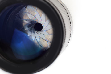 Vintage camera lens  isolated on white background .The diaphragm of a camera lens aperture - Image