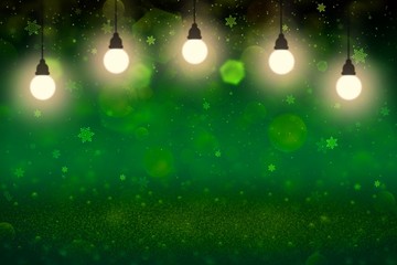 Obraz na płótnie Canvas pretty brilliant glitter lights defocused bokeh abstract background with light bulbs and falling snow flakes fly, holiday mockup texture with blank space for your content