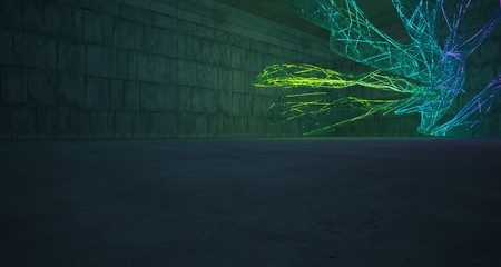 Abstract architectural concrete smooth interior of a minimalist house with color gradient neon lighting and glass wire. 3D illustration and rendering.