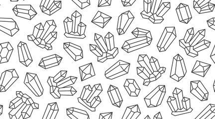 Crystal seamless pattern with line gemstone icons. Geometric mineral on white background with black polygonal stone quartz, diamond for magic jewelry poster design