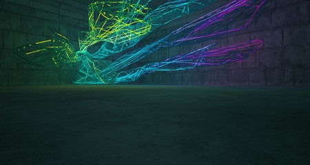 Abstract architectural concrete smooth interior of a minimalist house with color gradient neon lighting and glass wire. 3D illustration and rendering.