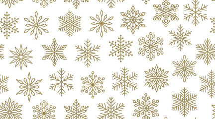 Christmas, new year seamless pattern, snowflakes line illustration. Vector icons of winter holidays, cold season snowfall. Celebration xmas card gold white repeated background